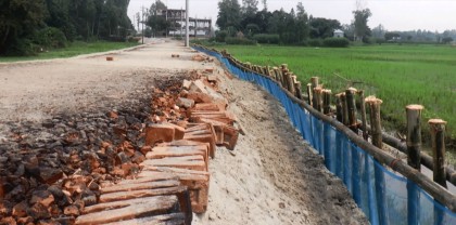 সিরাজগঞ্জ শাহজাদপুরে সড়ক নির্মাণে রডের বদলে বাঁশ