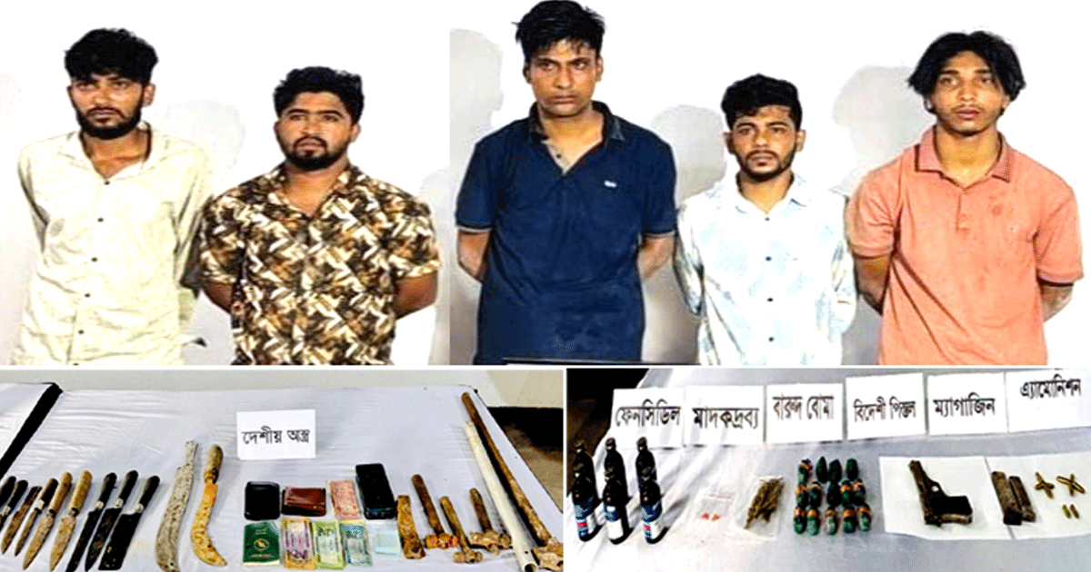 রূপগঞ্জে যৌথ বাহিনীর অভিযানে শুটার রিয়াজ বাহিনীর পাঁচ সদস্য গ্রেপ্তার