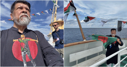 জীবনঝুঁকি নিয়ে গাজার পথে শহিদুল আলম, বুকে আবু সাইদ হাতে লাল-সবুজের পতাকা