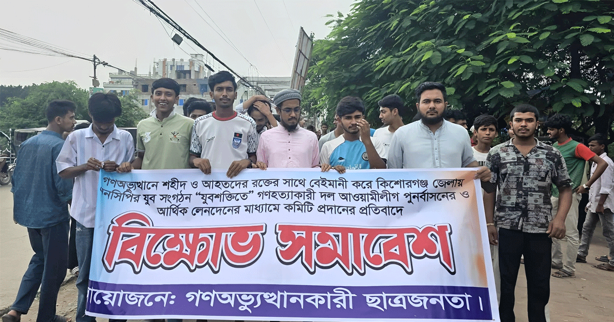 কিশোরগঞ্জে যুবশক্তিতে আওয়ামী পুনর্বাসনের বিরুদ্ধে গণঅভ্যুত্থানকারী ছাত্র জনতার বিক্ষোভ