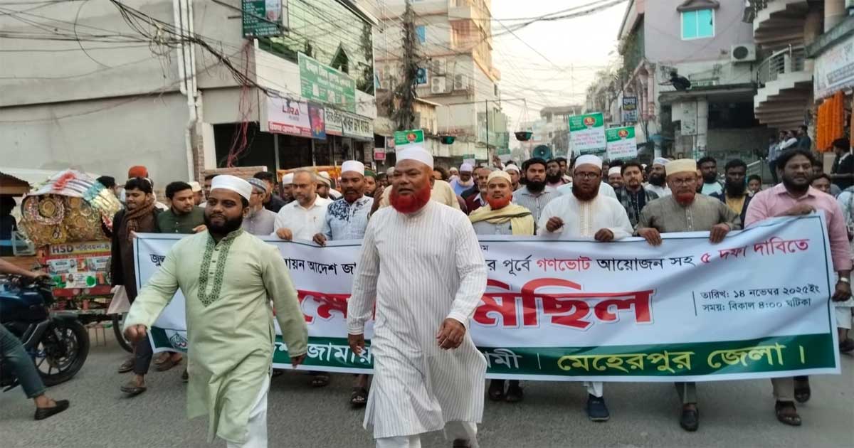 মেহেরপুরে জামায়াতের বিক্ষোভ মিছিল: নির্বাচনের আগে গণভোটসহ পাঁচ দফা দাবি