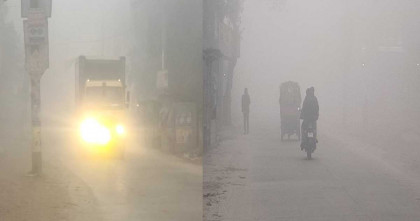 লালমনিরহাটে ঘন কুয়াশা; হেডলাইট জ্বালিয়ে চলছে যানবাহন