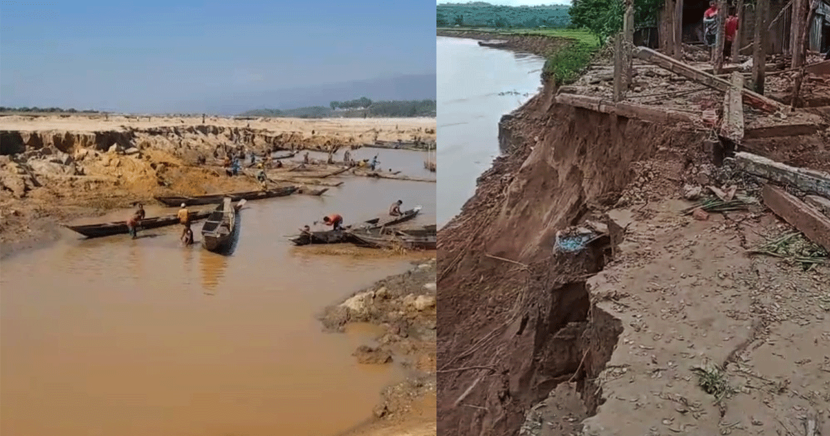 সুনামগঞ্জে নদীর পাড় কেটে বালু উত্তোলন, বিলীন হওয়ার পথে কয়েকটি গ্রাম