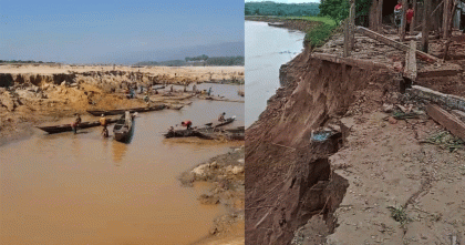 সুনামগঞ্জে নদীর পাড় কেটে বালু উত্তোলন, বিলীন হওয়ার পথে কয়েকটি গ্রাম