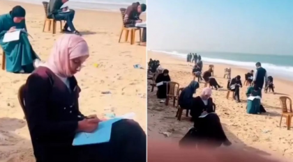 স্কুল-কলেজ ধ্বংস, গাজায় সাগরতীরে বসে পরীক্ষা দিচ্ছেন শিক্ষার্থীরা

