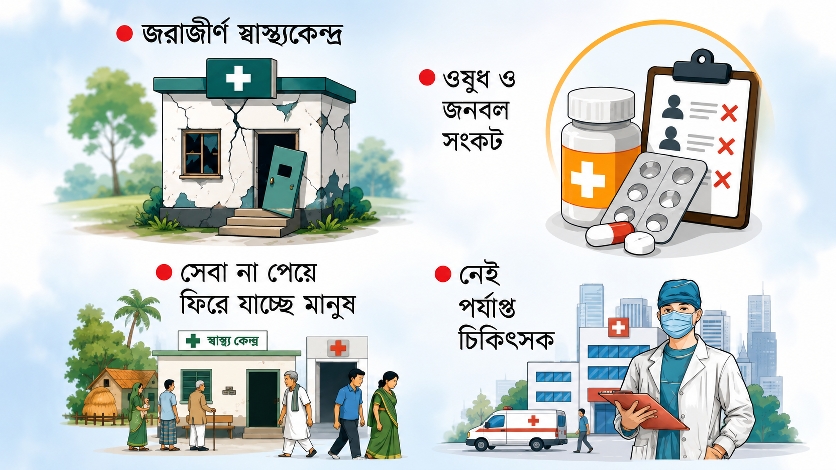 জরাজীর্ণ স্বাস্থ্যকেন্দ্রে জনবল ও ওষুধ সংকট
