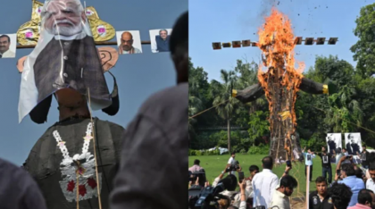 রাবণের কুশপুত্তলিকায় মোদি-ট্রাম্প-দোভাল-আম্বানির মুখ, দাহ করল এনএসইউআই